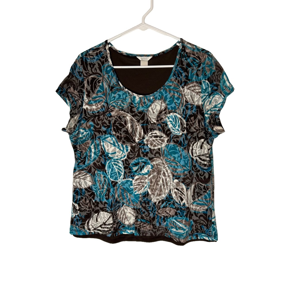 Christopher & Banks Womens Teal Brown Leaf Print Layered Scoop Neck‎ Top L